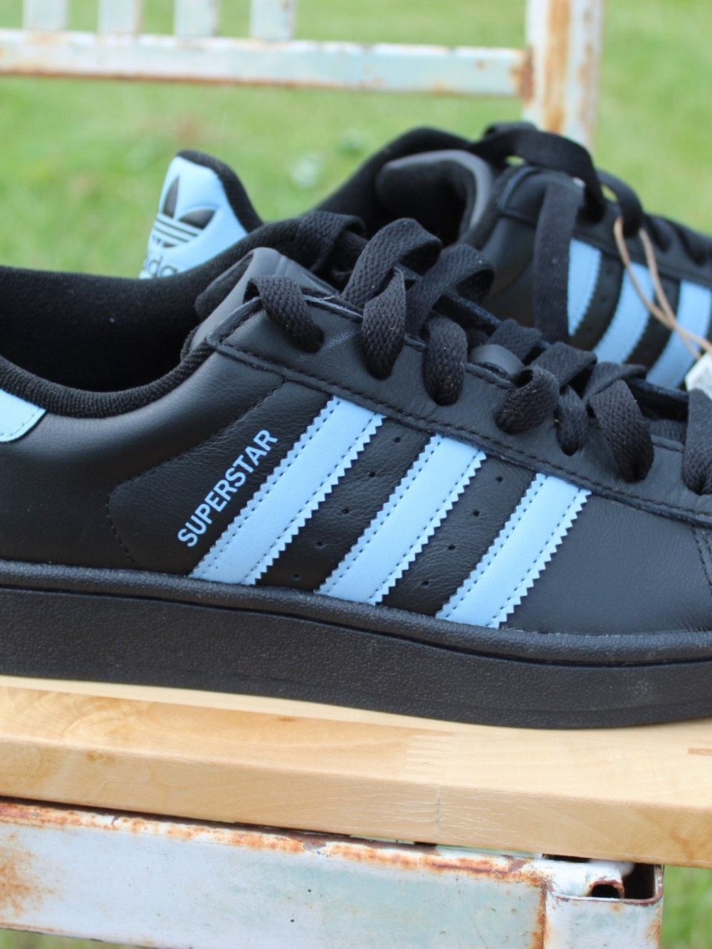Adidas Superstar Black with Light Blue Stripes